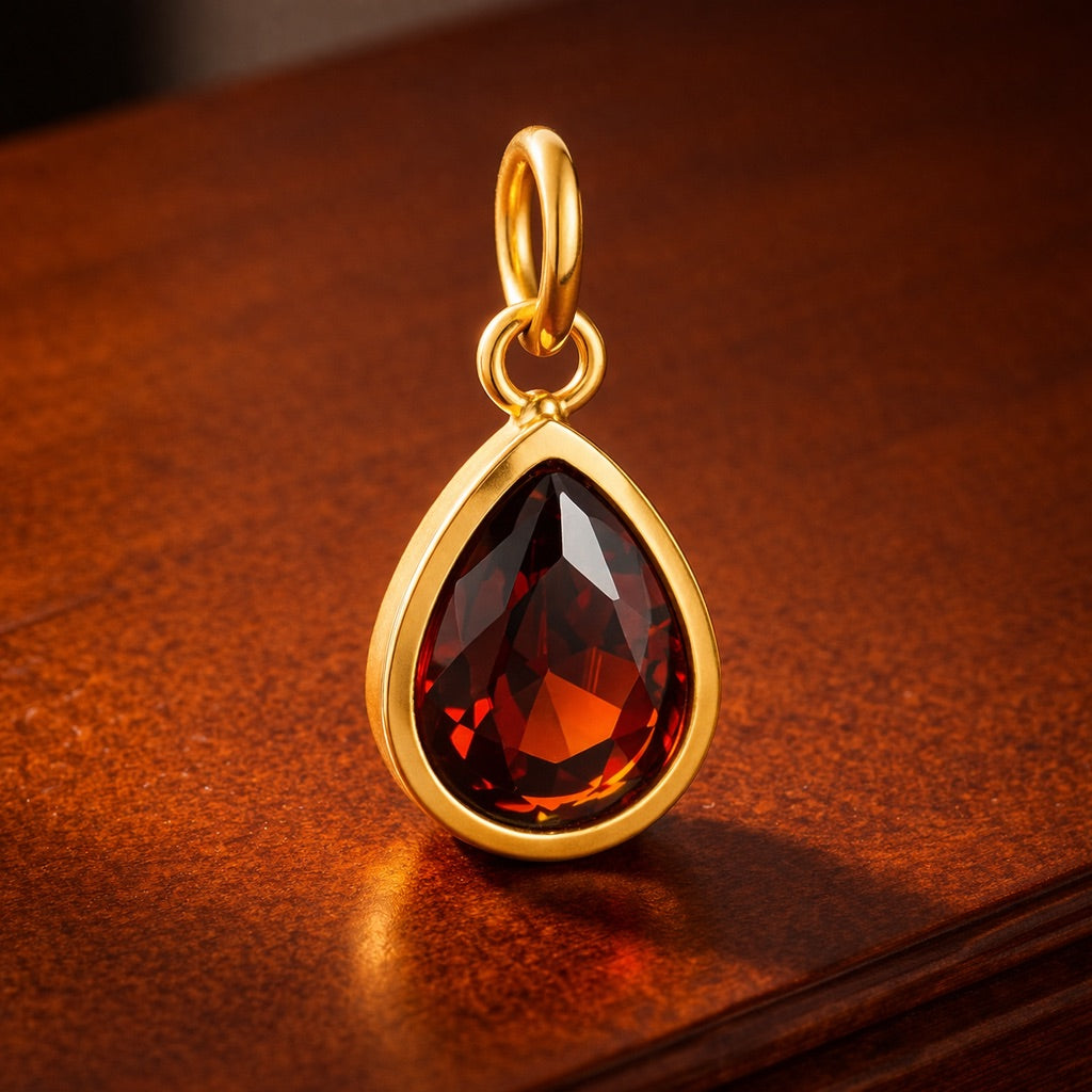 Gold pendant with a red gemstone on a wooden surface