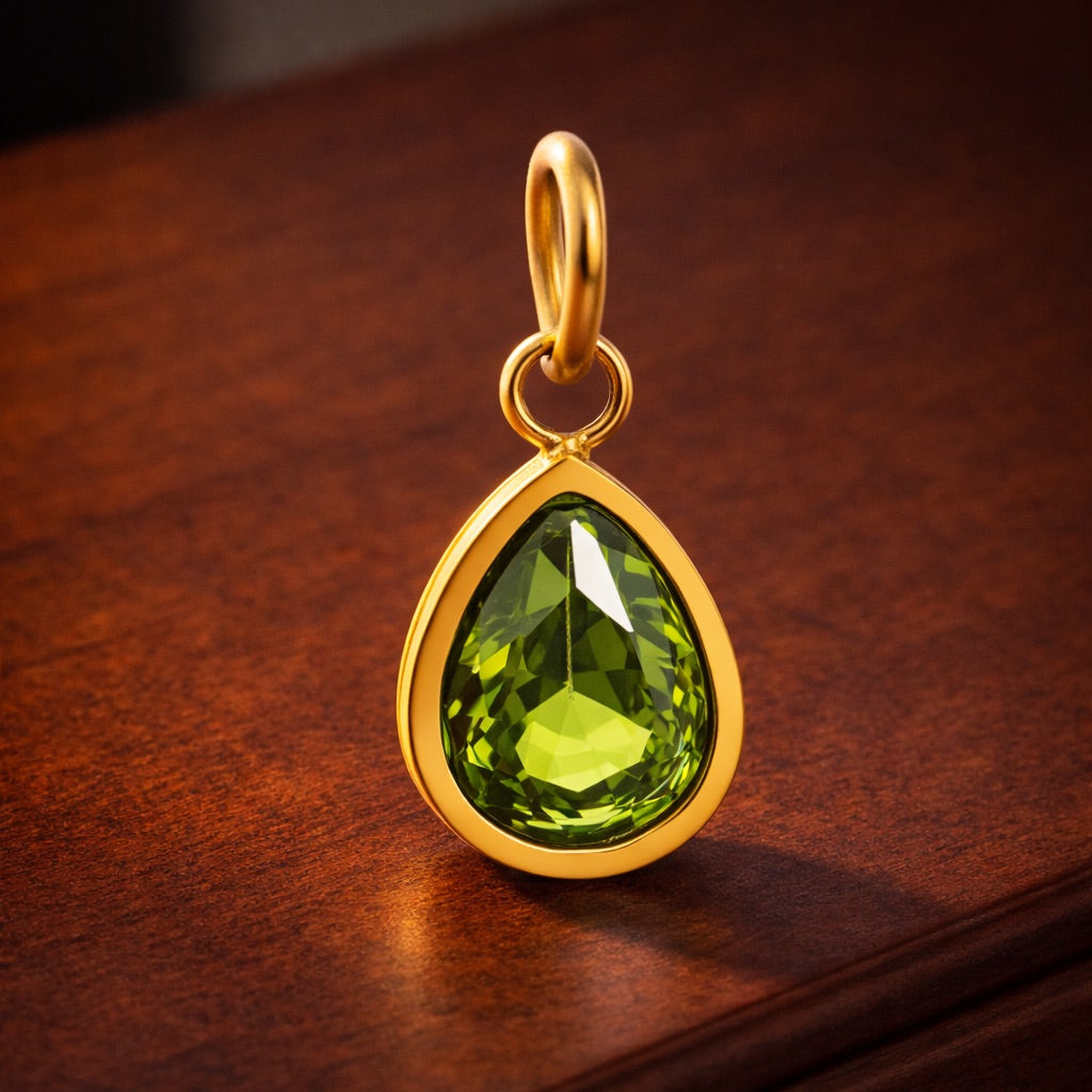 Gold pendant with a green gemstone on a wooden surface